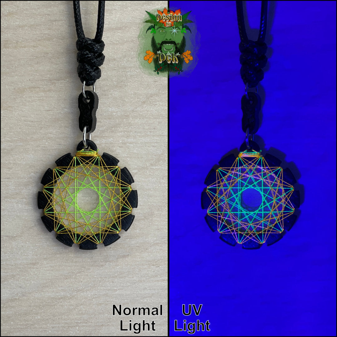 Adjustable Cord Necklace with Birch Wood Pendant (Round UV String Art Mandala - Fine) (Various Colors)