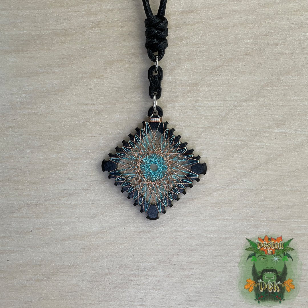 Adjustable Cord Necklace with Birch Wood Pendant (Square String Art Mandala - Fine) (Various Colors)