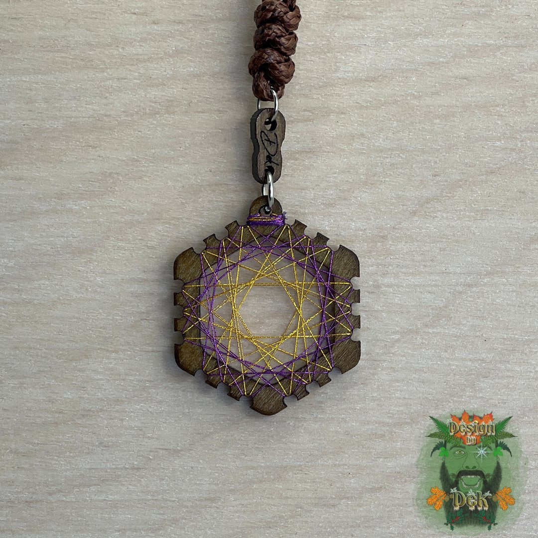 Adjustable Cord Necklace with Birch Wood Pendant (Hexagon String Art Mandala - Fine) (Various Colors)
