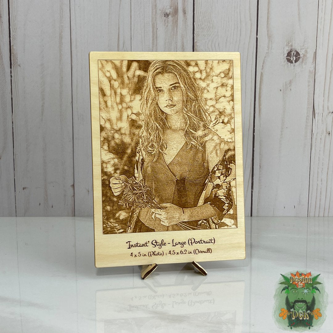 Wooden engraved portrait of a woman on a stand with a wooden background