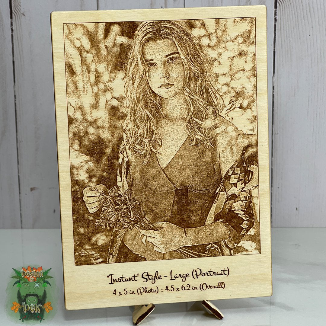 Wooden engraved portrait of a woman with a bouquet on a stand.
