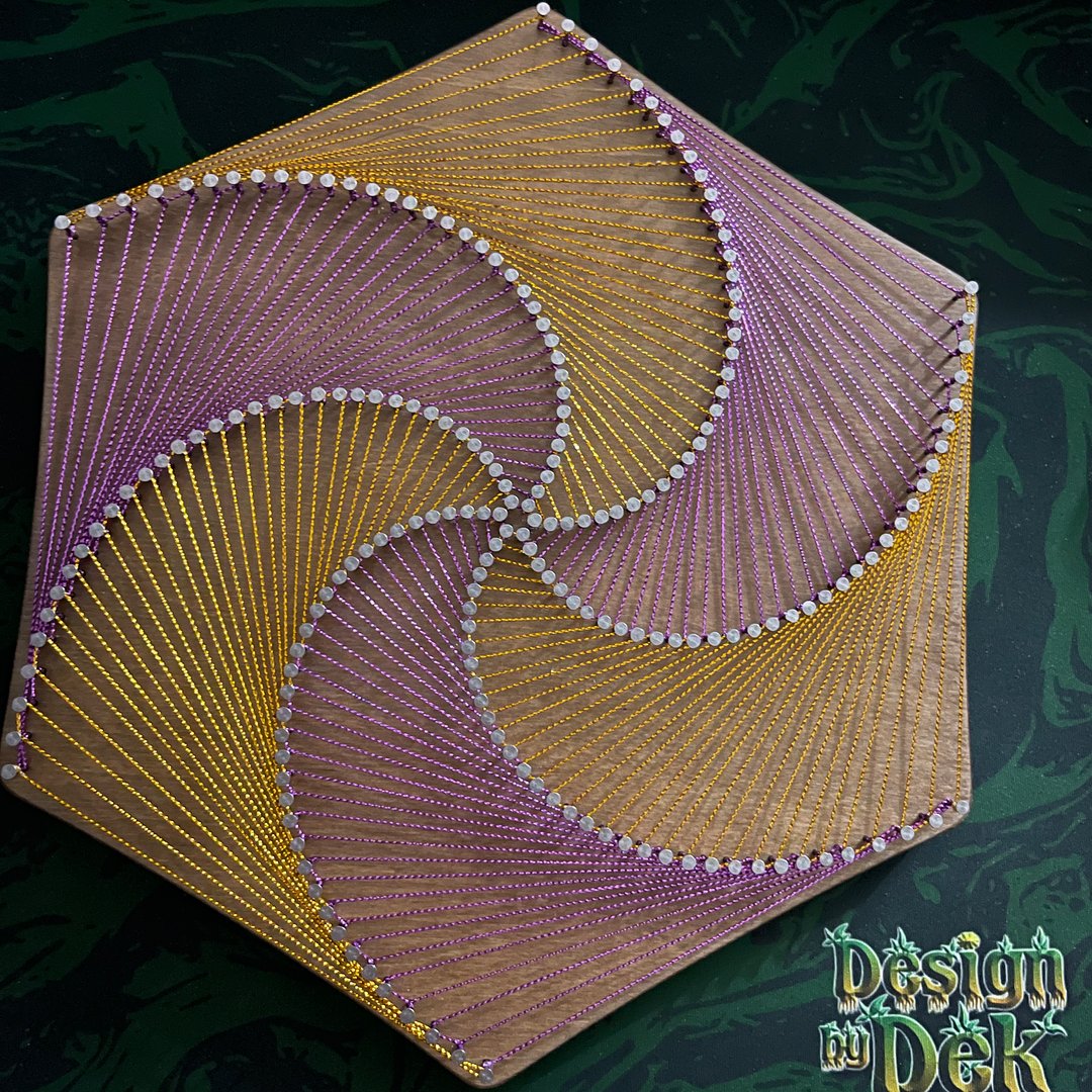 String Art - "Spiral Hex - Purple and Gold", Wooden Wall Decor