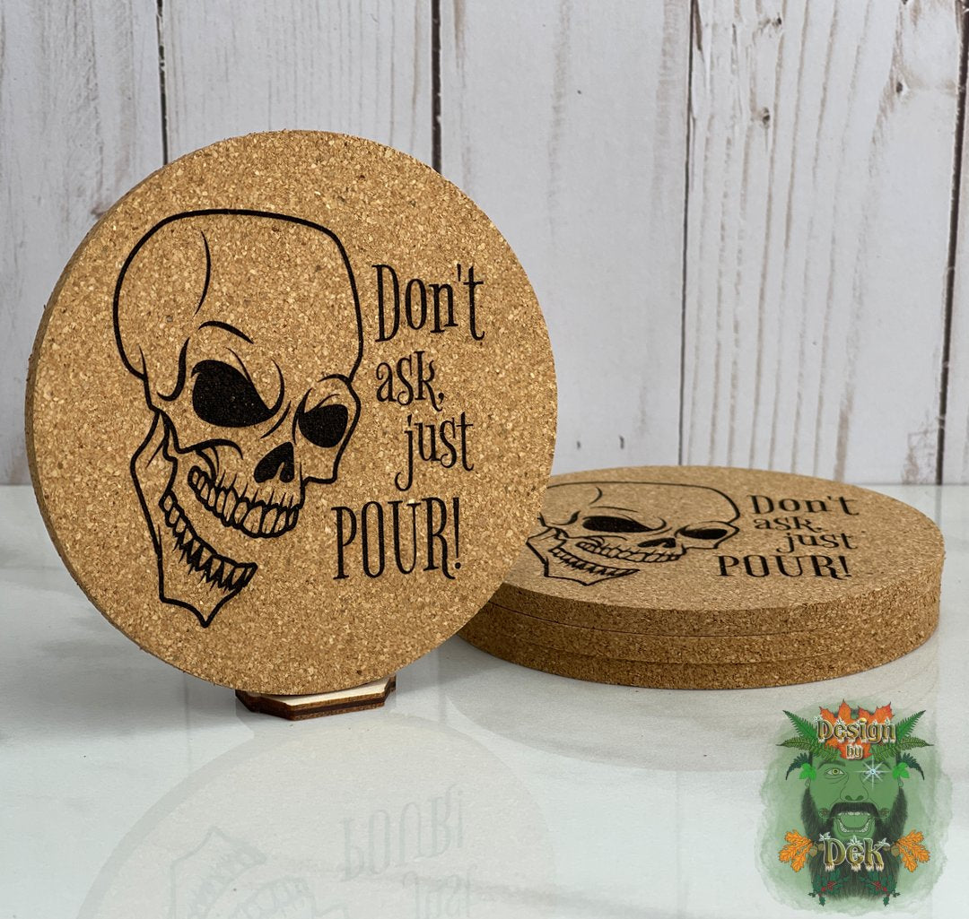 Cork Coasters - Round (Set of four, various designs w/optional decorative birch caddy)