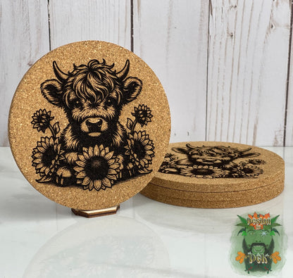 Cork Coasters - Round (Set of four, various designs w/optional decorative birch caddy)