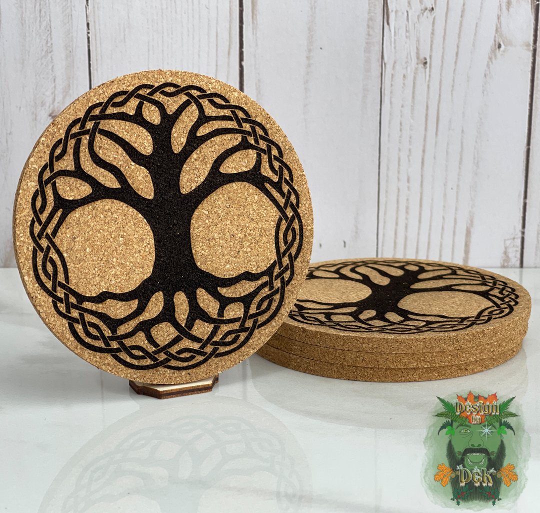 Cork Coasters - Round (Set of four, various designs w/optional decorative birch caddy)