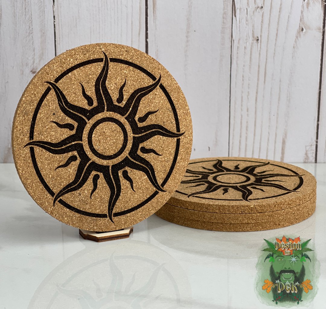 Cork Coasters - Round (Set of four, various designs w/optional decorative birch caddy)