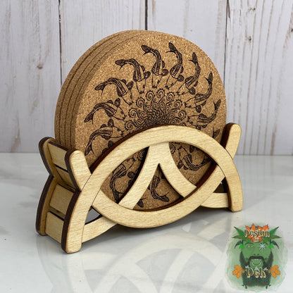 Cork Coasters - Round (Set of four, various designs w/optional decorative birch caddy)