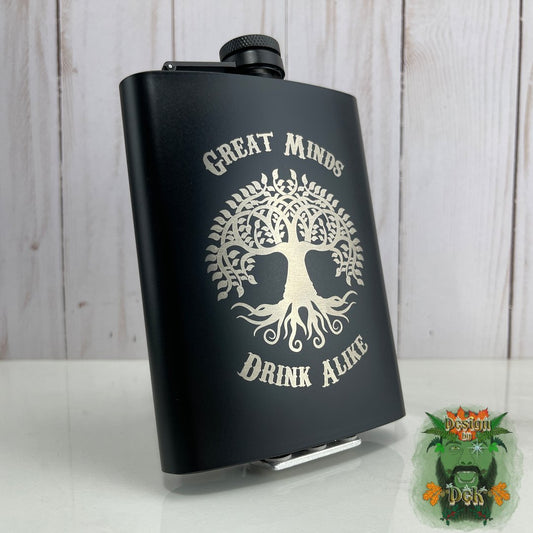 Hip Flask - Tree of Life "Great Minds Drink Alike" (Matte Black, 8 Oz Stainless Steel)