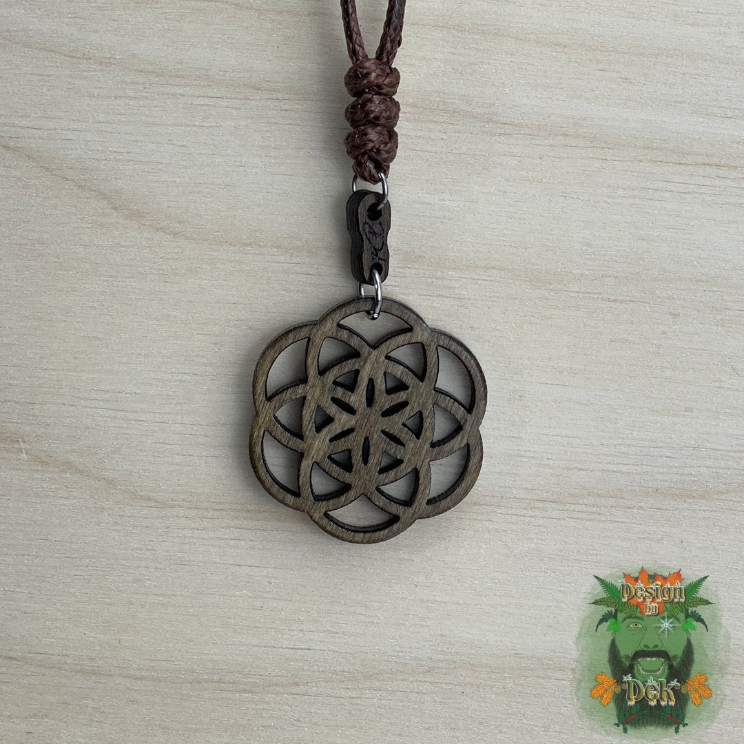 Adjustable Cord Necklace with Wooden Pendant (Seed of Life)