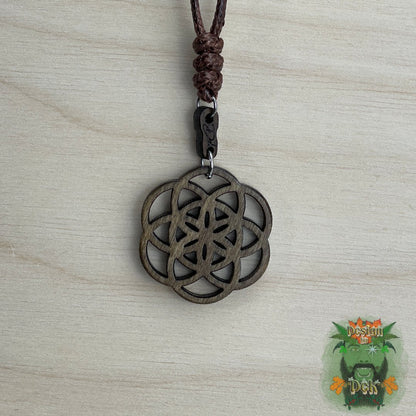 Adjustable Cord Necklace with Wooden Pendant (Seed of Life)