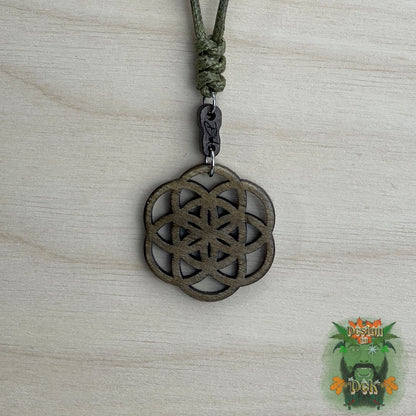 Adjustable Cord Necklace with Wooden Pendant (Seed of Life)