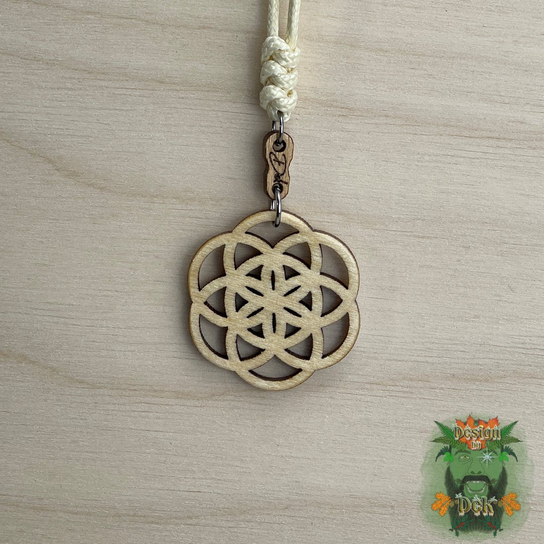 Adjustable Cord Necklace with Wooden Pendant (Seed of Life)