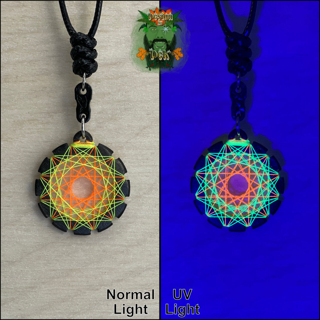 Adjustable Cord Necklace with Birch Wood Pendant (Round UV String Art Mandala - Fine) (Various Colors)