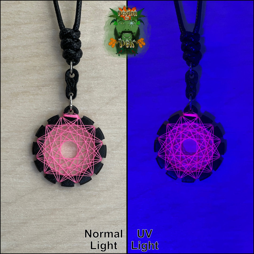Adjustable Cord Necklace with Birch Wood Pendant (Round UV String Art Mandala - Fine) (Various Colors)