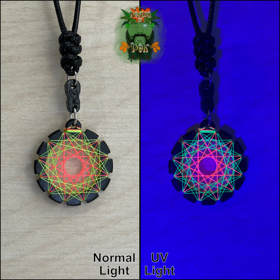 Adjustable Cord Necklace with Birch Wood Pendant (Round UV String Art Mandala - Fine) (Various Colors)