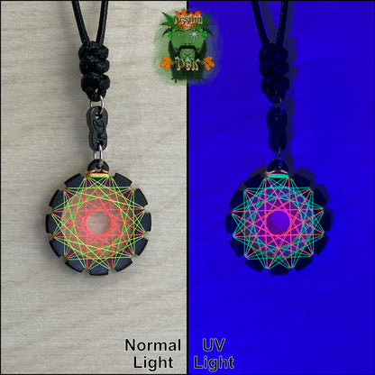 Adjustable Cord Necklace with Birch Wood Pendant (Round UV String Art Mandala - Fine) (Various Colors)