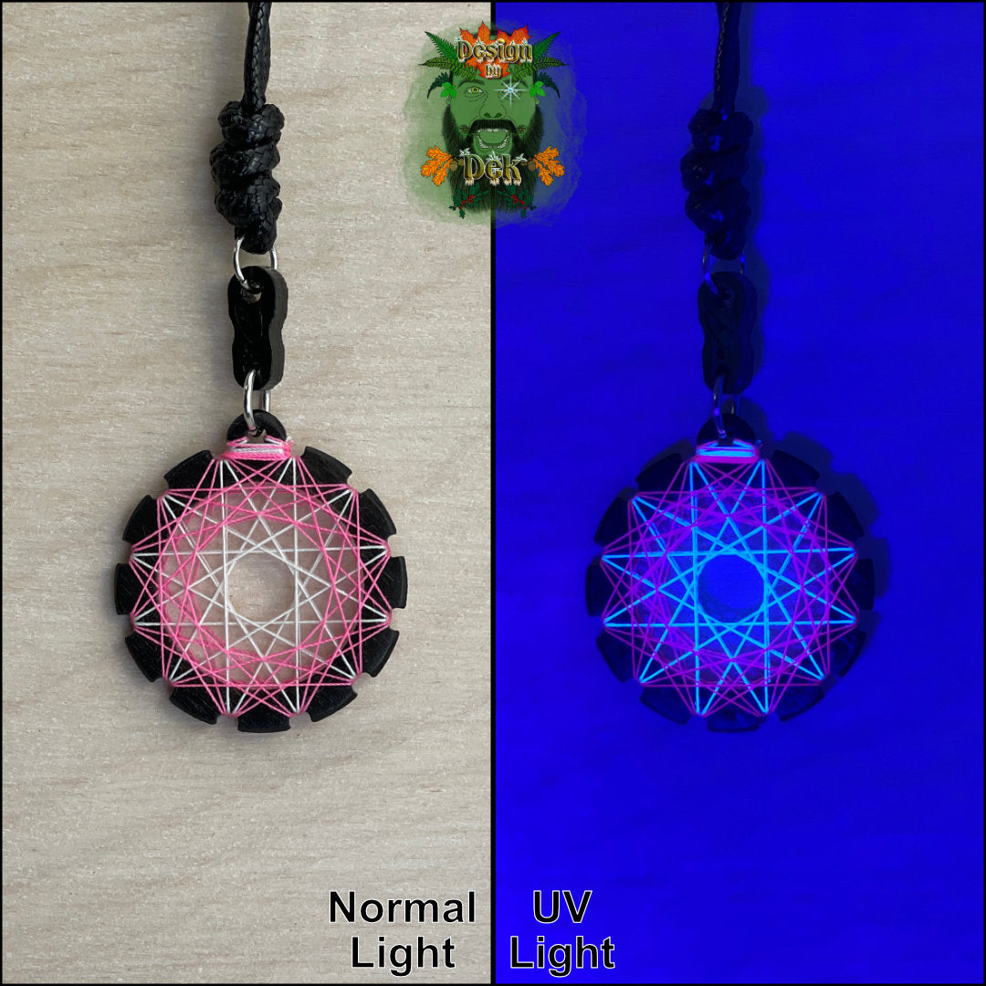 Adjustable Cord Necklace with Birch Wood Pendant (Round UV String Art Mandala - Fine) (Various Colors)