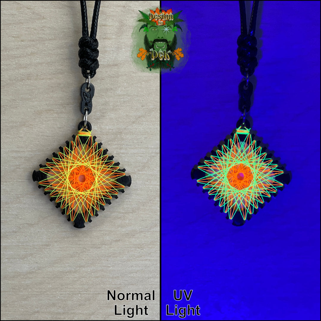 A square pendant necklace with a black cord, featuring neon string art in orange and yellow. The image is split into two halves: the left shows the pendant under normal light on a beige background, and the right shows it glowing under UV light on a deep blue background.