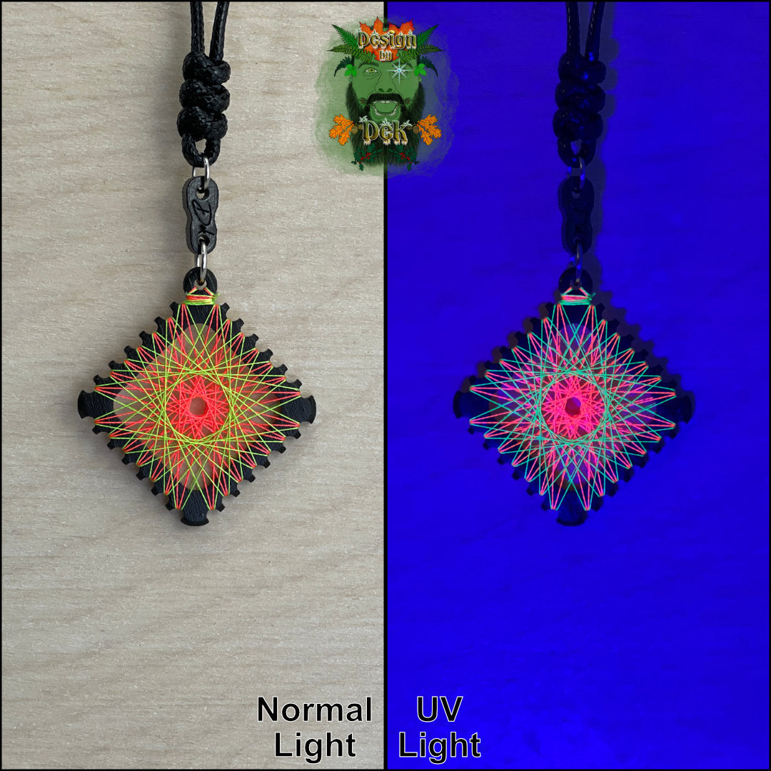 A square pendant necklace with a black cord, featuring neon string art in orange and yellow-green. The image is split into two halves: the left shows the pendant under normal light on a beige background, and the right shows it glowing under UV light on a deep blue background.