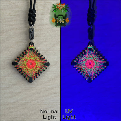 A square pendant necklace with a black cord, featuring neon string art in orange and yellow-green. The image is split into two halves: the left shows the pendant under normal light on a beige background, and the right shows it glowing under UV light on a deep blue background.