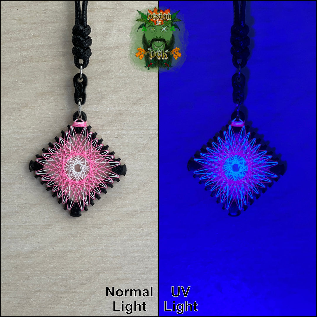 A square pendant necklace with a black cord, featuring neon string art in white and pink. The image is split into two halves: the left shows the pendant under normal light on a beige background, and the right shows it glowing under UV light on a deep blue background.