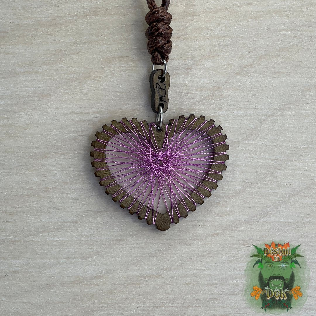 Adjustable Cord Necklace with Birch Wood Pendant (Heart String Art Mandala - Fine) (Various Colors)