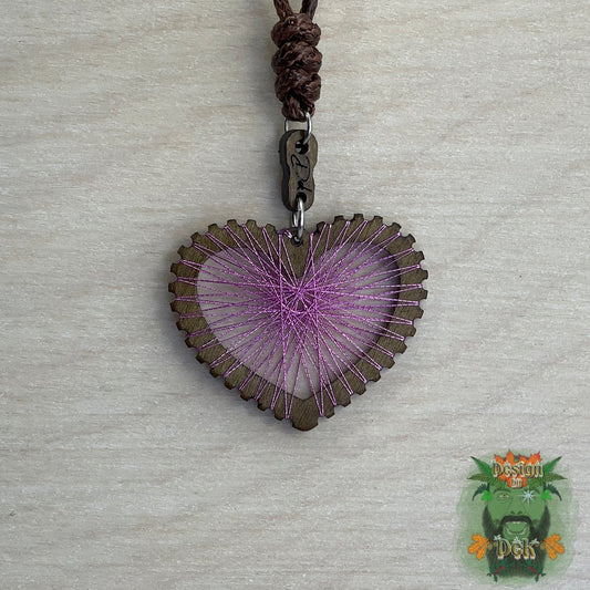 Adjustable Cord Necklace with Birch Wood Pendant (Heart String Art Mandala - Fine) (Various Colors)