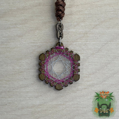Adjustable Cord Necklace with Birch Wood Pendant (Hexagon String Art Mandala - Fine) (Various Colors)