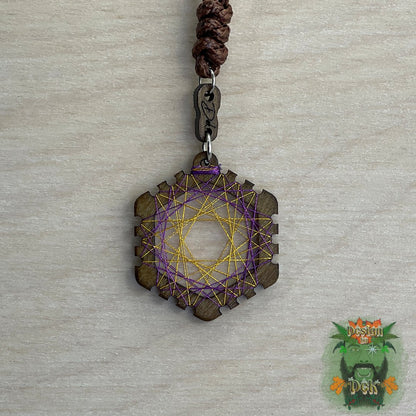 Adjustable Cord Necklace with Birch Wood Pendant (Hexagon String Art Mandala - Fine) (Various Colors)