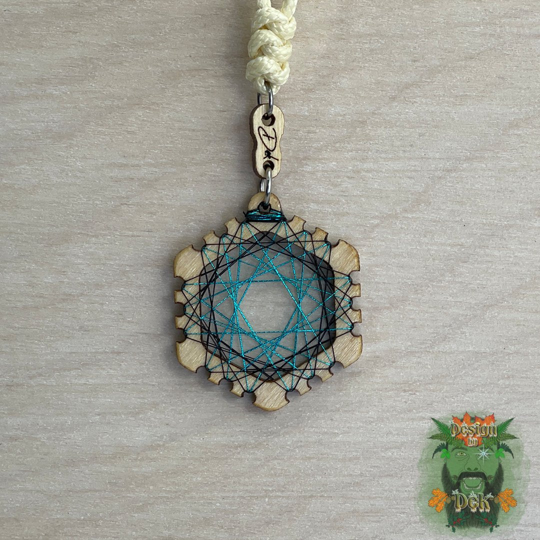 Adjustable Cord Necklace with Birch Wood Pendant (Hexagon String Art Mandala - Fine) (Various Colors)