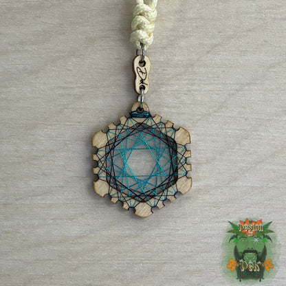 Adjustable Cord Necklace with Birch Wood Pendant (Hexagon String Art Mandala - Fine) (Various Colors)