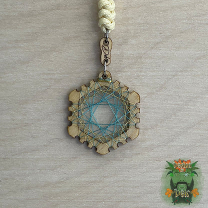 Adjustable Cord Necklace with Birch Wood Pendant (Hexagon String Art Mandala - Fine) (Various Colors)