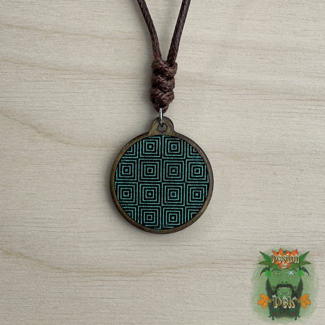 Adjustable Cord Necklace with Wooden Pendant (Square Illusion)