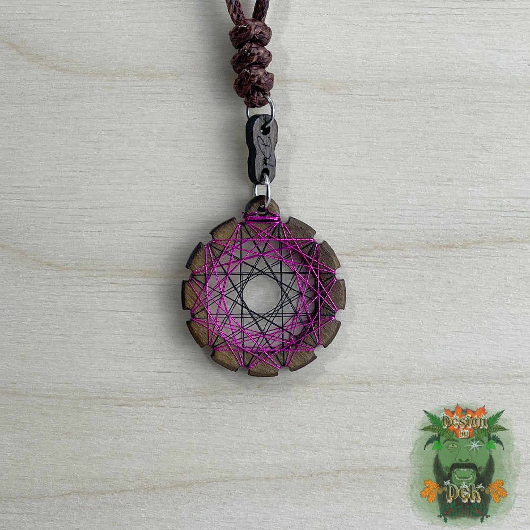 Adjustable Cord Necklace with Birch Wood Pendant (Round String Art Mandala - Fine) (Various Colors)