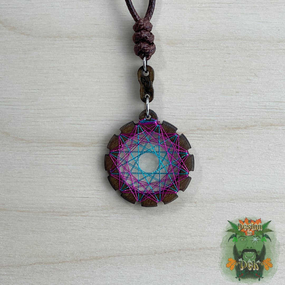 Adjustable Cord Necklace with Birch Wood Pendant (Round String Art Mandala - Fine) (Various Colors)