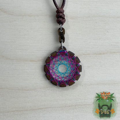 Adjustable Cord Necklace with Birch Wood Pendant (Round String Art Mandala - Fine) (Various Colors)