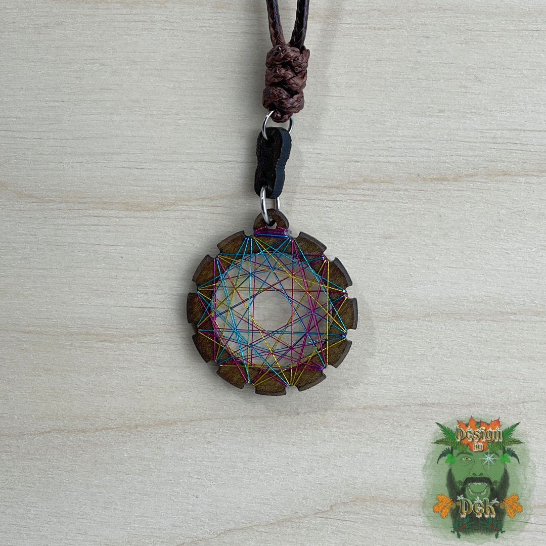 Adjustable Cord Necklace with Birch Wood Pendant (Round String Art Mandala - Fine) (Various Colors)