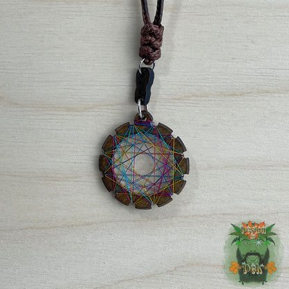 Adjustable Cord Necklace with Birch Wood Pendant (Round String Art Mandala - Fine) (Various Colors)