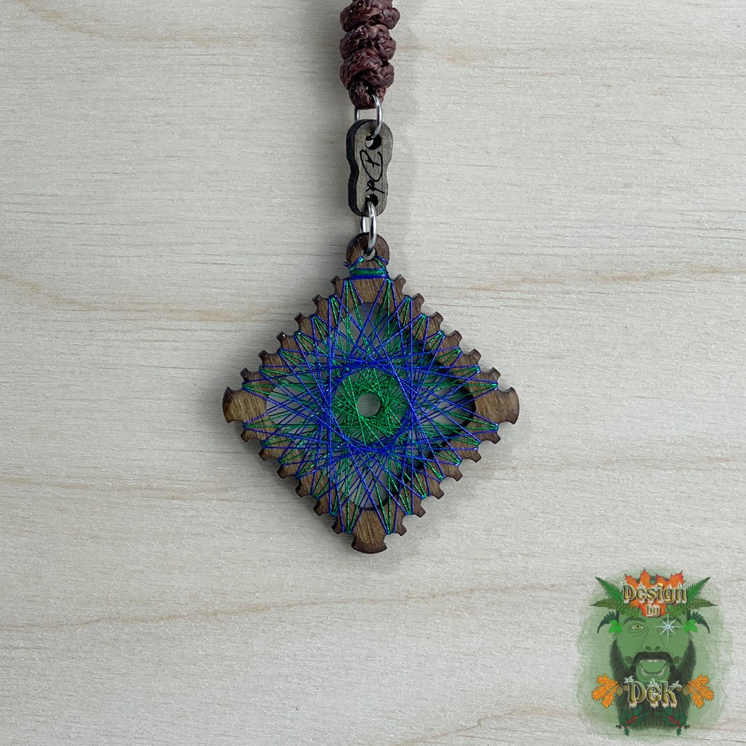 Adjustable Cord Necklace with Birch Wood Pendant (Square String Art Mandala - Fine) (Various Colors)