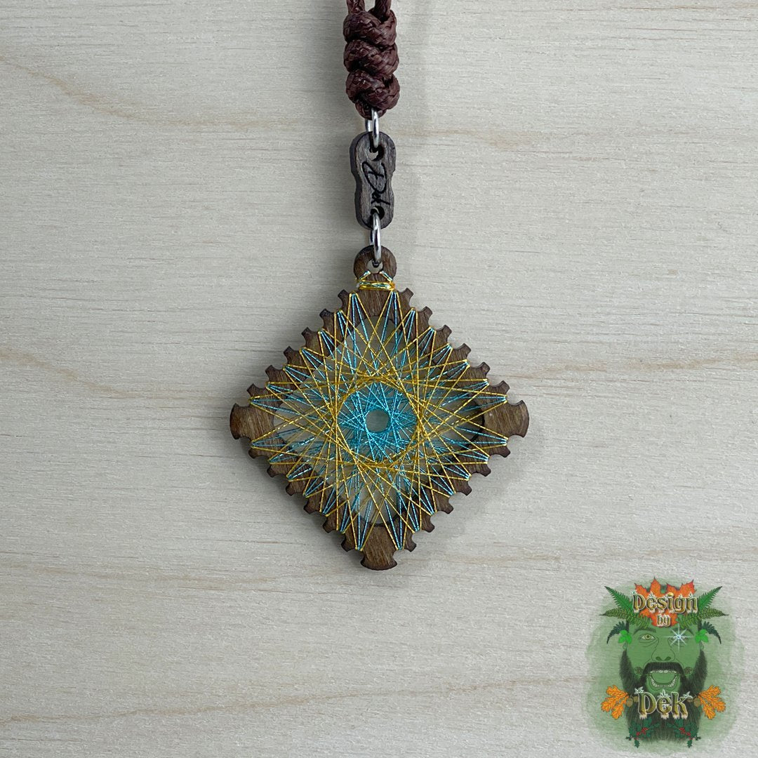 Adjustable Cord Necklace with Birch Wood Pendant (Square String Art Mandala - Fine) (Various Colors)