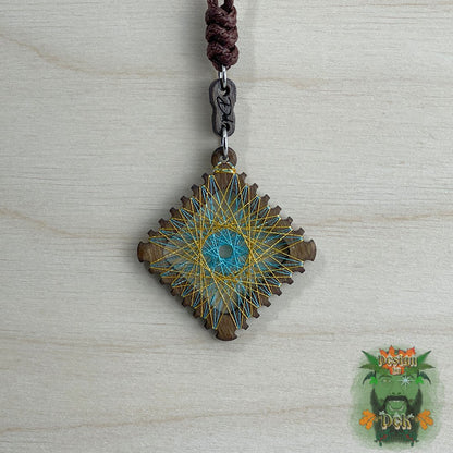 Adjustable Cord Necklace with Birch Wood Pendant (Square String Art Mandala - Fine) (Various Colors)