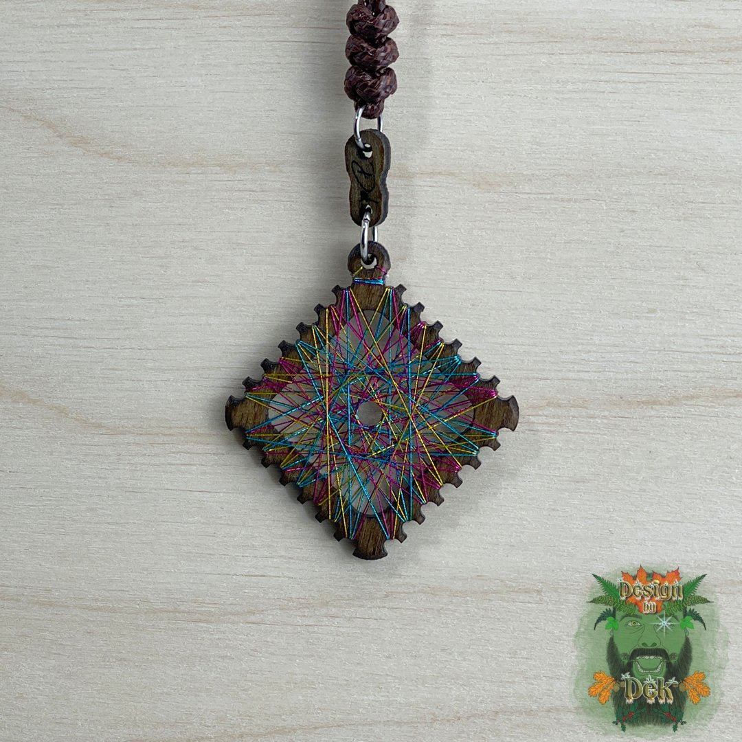 Adjustable Cord Necklace with Birch Wood Pendant (Square String Art Mandala - Fine) (Various Colors)
