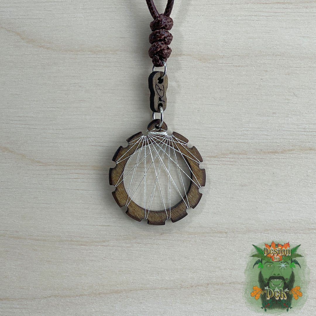 Adjustable Cord Necklace with Birch Wood Pendant (Round String Art Sunbeam Design - Fine) (Various Colors)