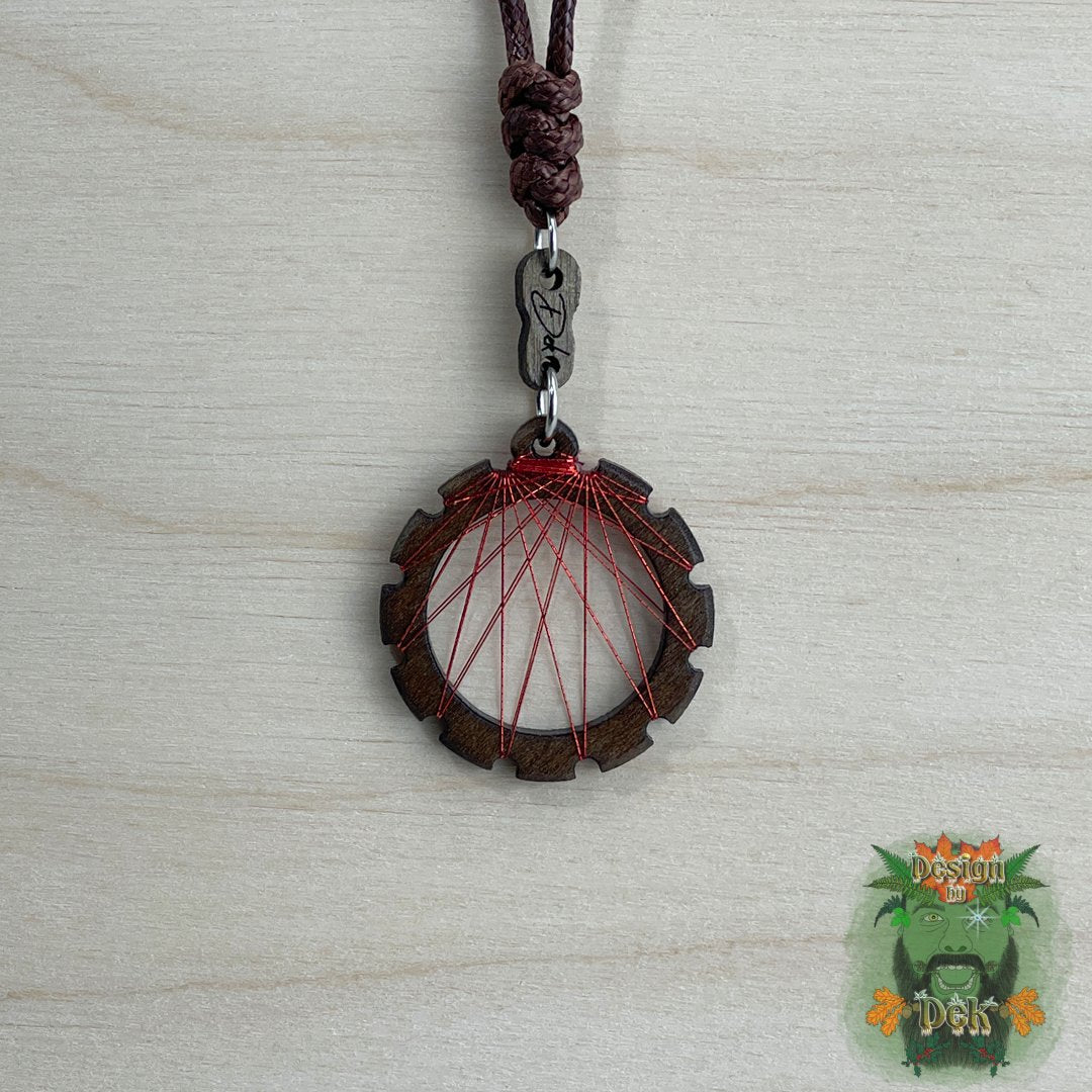 Adjustable Cord Necklace with Birch Wood Pendant (Round String Art Sunbeam Design - Fine) (Various Colors)