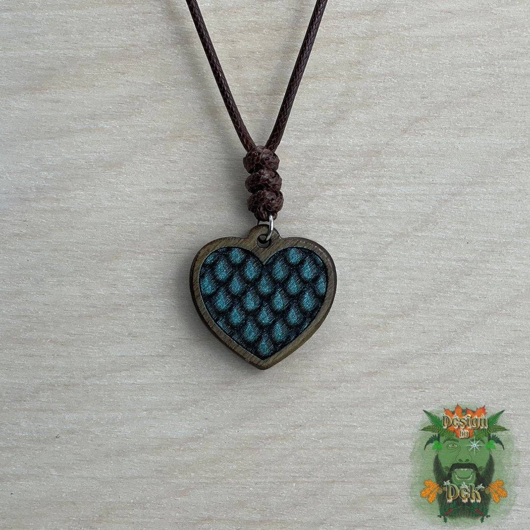 Adjustable Cord Necklace with Wooden Pendant (Dragon Heart)