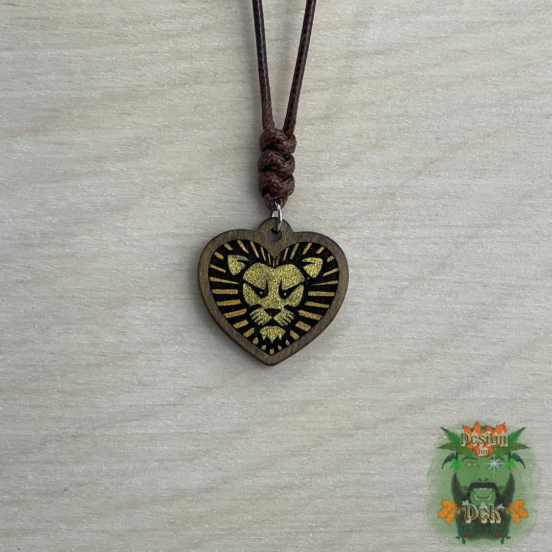 Adjustable Cord Necklace with Wooden Pendant (Lion Heart)