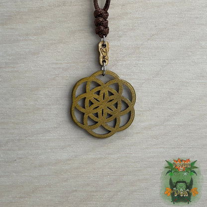 Adjustable Cord Necklace with Wooden Pendant (Seed of Life)