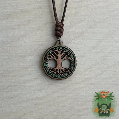 Adjustable Cord Necklace with Wooden Pendant (Tree of Life Knot)