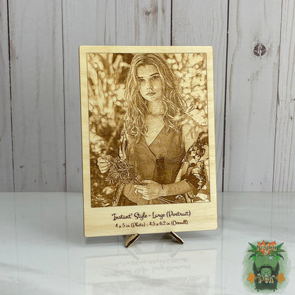 Wooden engraved portrait of a woman on a stand with a wooden background