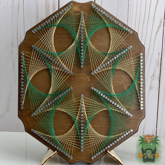 String Art - "Slim Hex - Green and Gold", Wooden Wall Decor